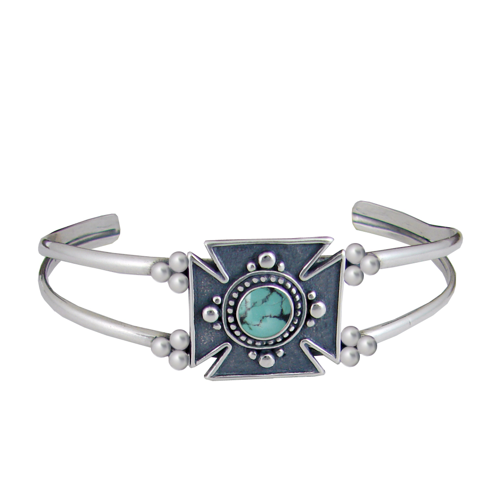 Sterling Silver Iron Cross Cuff Bracelet With Chinese Turquoise